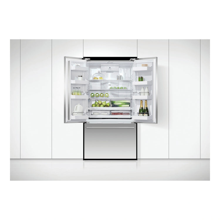 Fisher & Paykel 614L Stainless Steel Series 7 Active Smart French Door Refrigerator RF610ADUX5, Front View with Door Open