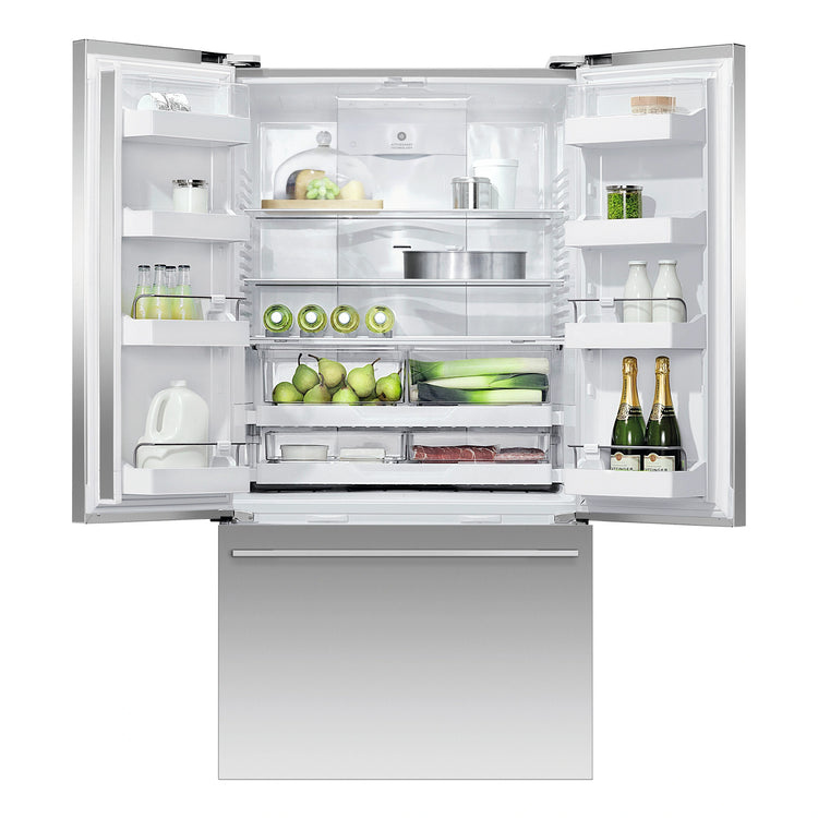 Fisher & Paykel 569L Stainless Steel Series 7 French Door Fridge RF610ADX5, Front View with Door Open