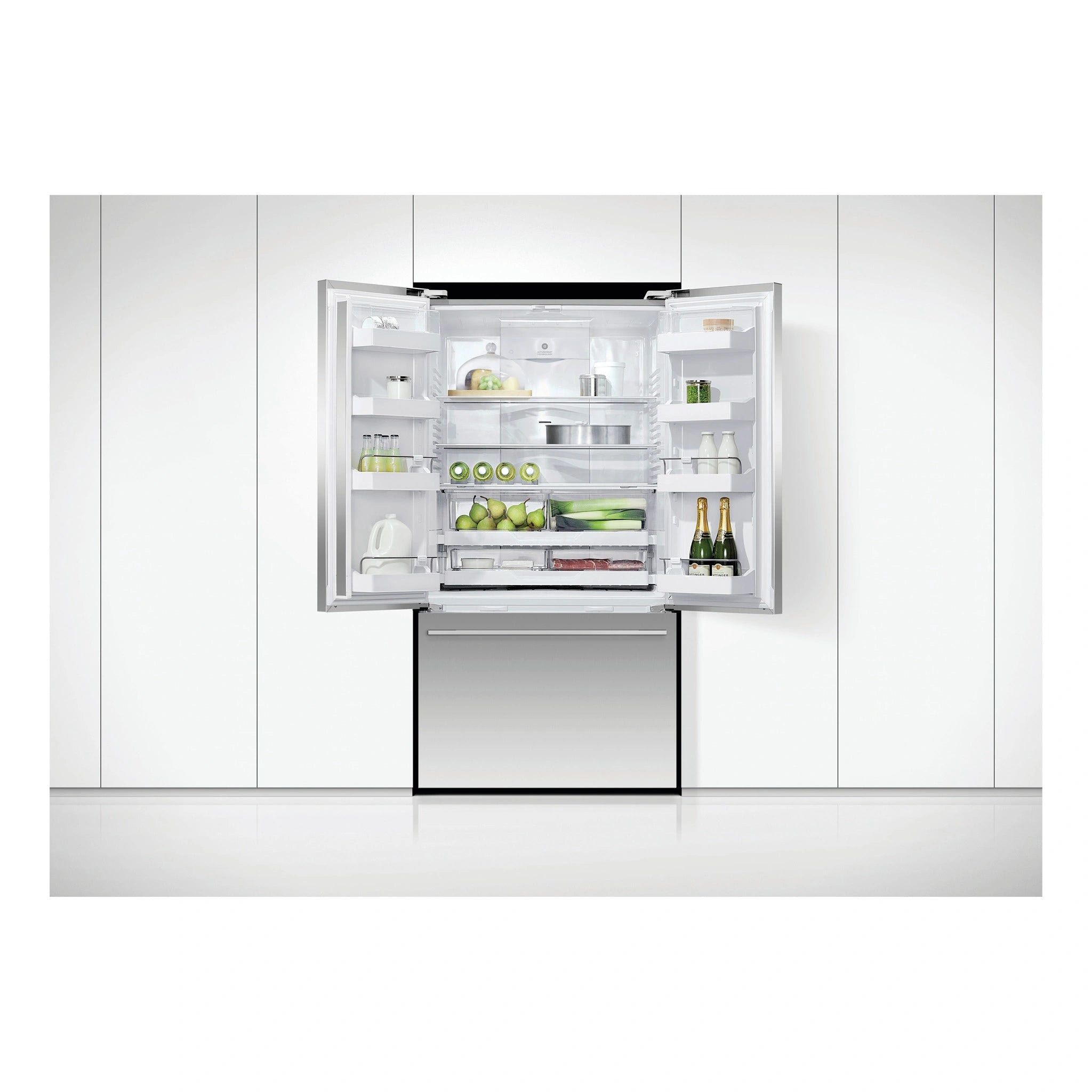 Fisher & Paykel 569L Stainless Steel Series 7 French Door Fridge RF610ADX5, Front View with Door Open