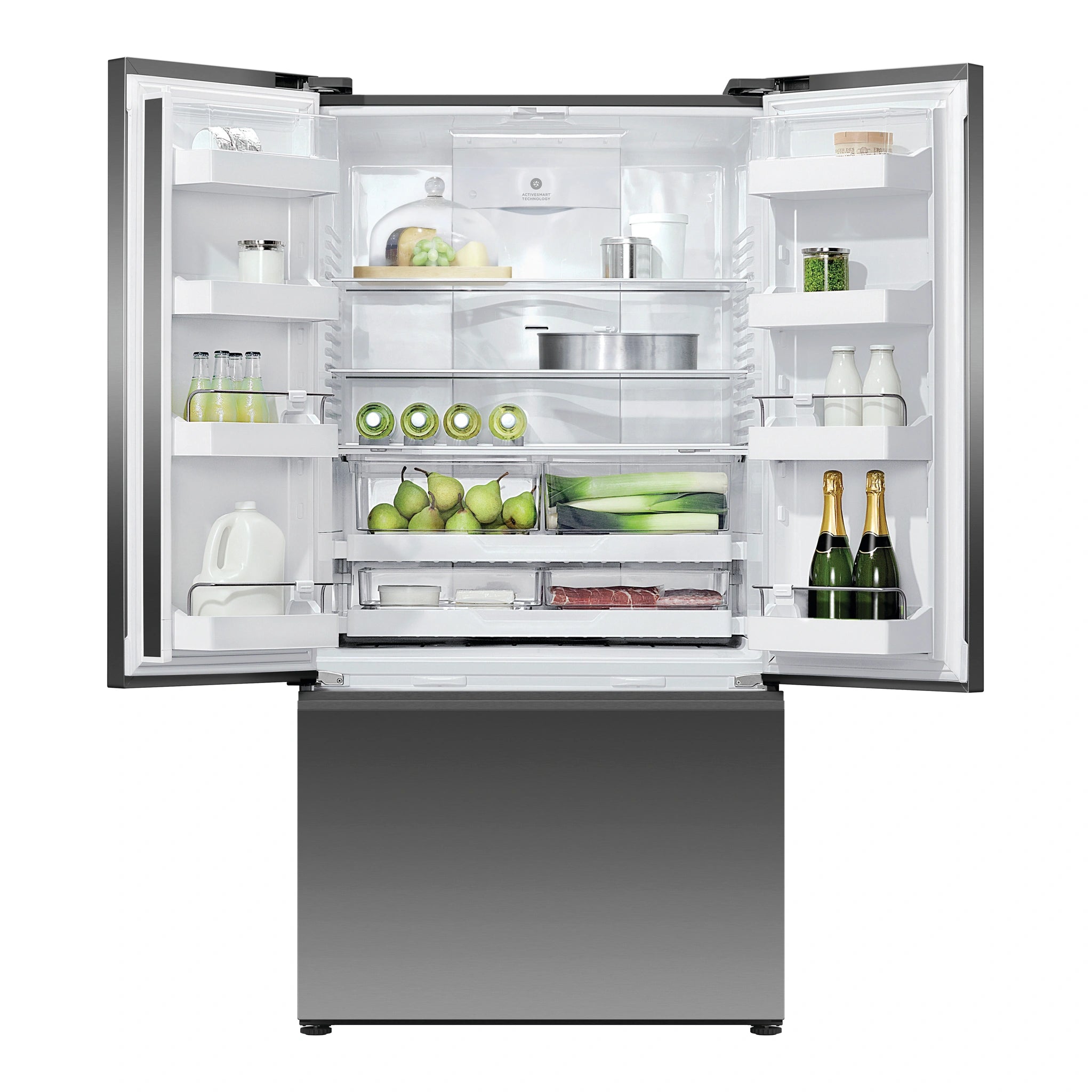 Fisher & Paykel 569L Stainless Steel Black Series 7 French Door Fridge RF610ANUB5, Front View with Door Open