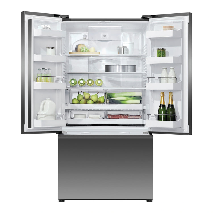 Fisher & Paykel 569L Stainless Steel Black Series 7 French Door Fridge RF610ANUB5, Front View with Door Open