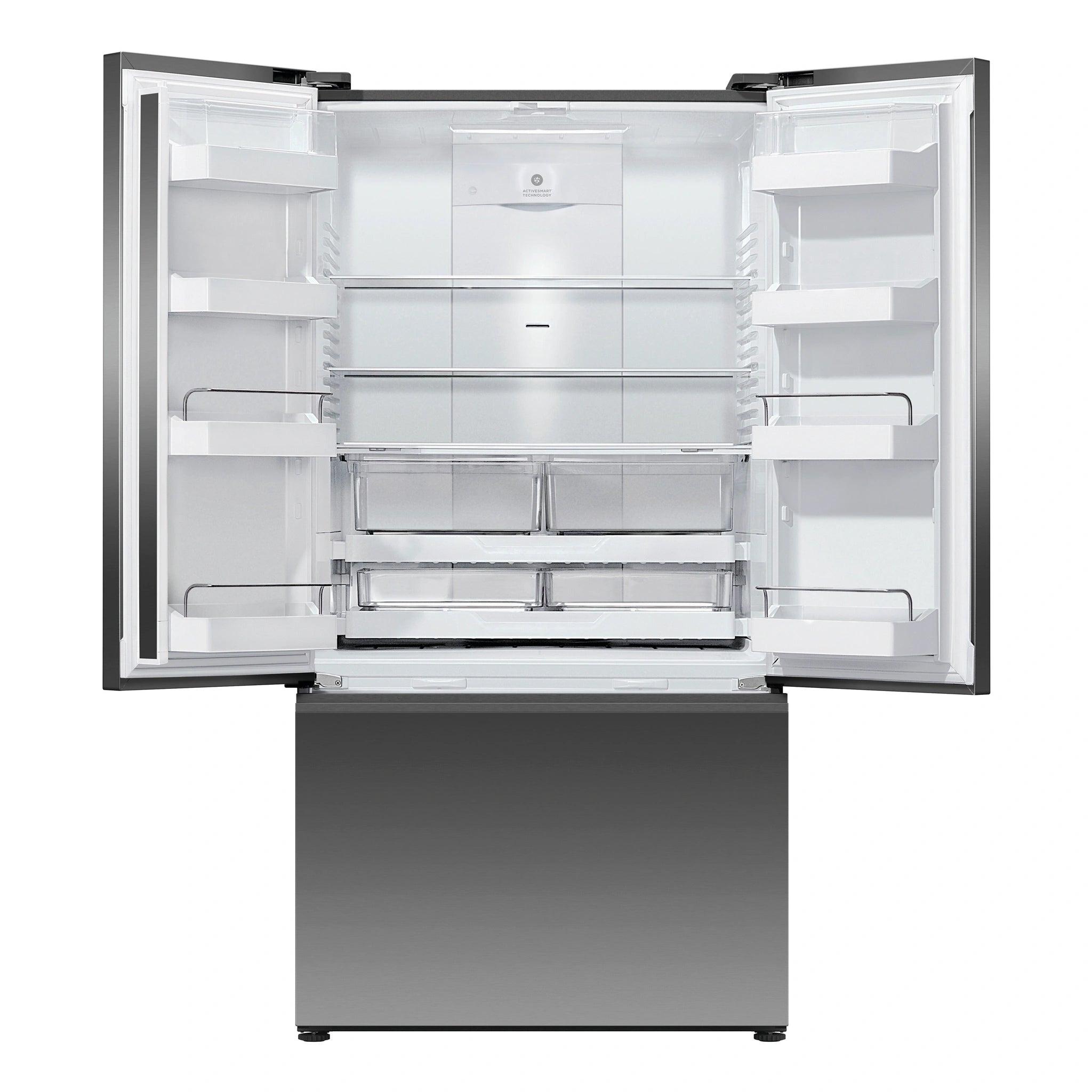 Fisher & Paykel 569L Stainless Steel Black Series 7 French Door Fridge RF610ANUB5, Front View with Door Open