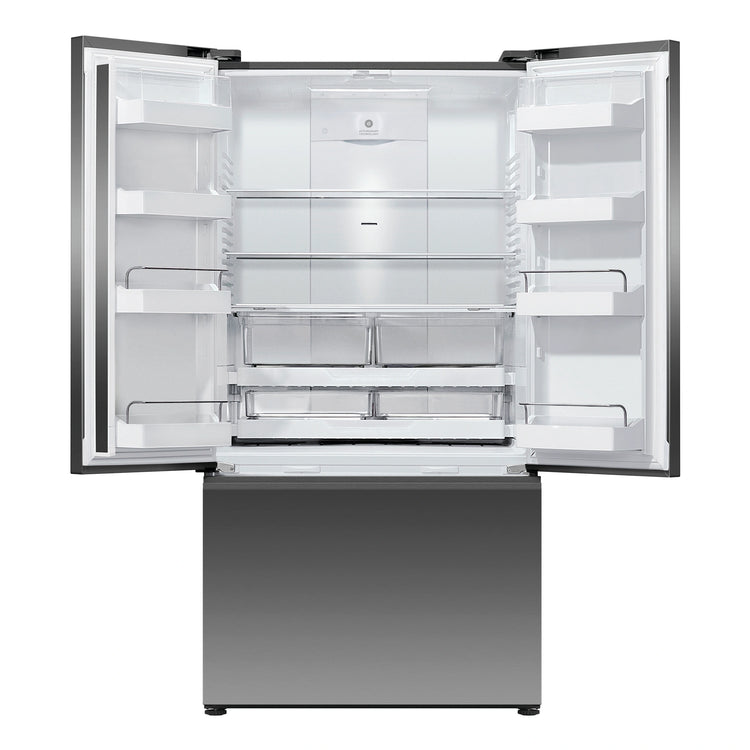 Fisher & Paykel 569L Stainless Steel Black Series 7 French Door Fridge RF610ANUB5, Front View with Door Open