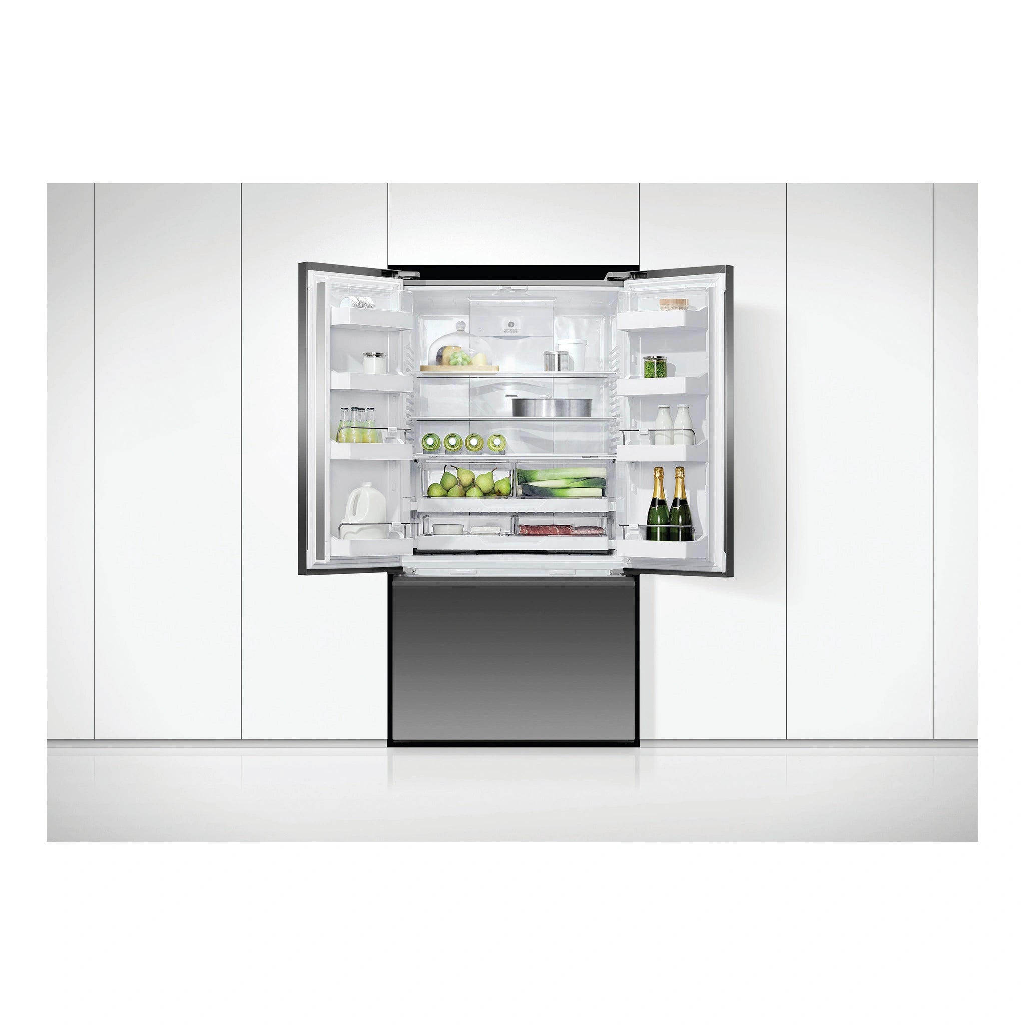 Fisher & Paykel 569L Stainless Steel Black Series 7 French Door Fridge RF610ANUB5, Front View with Door Open