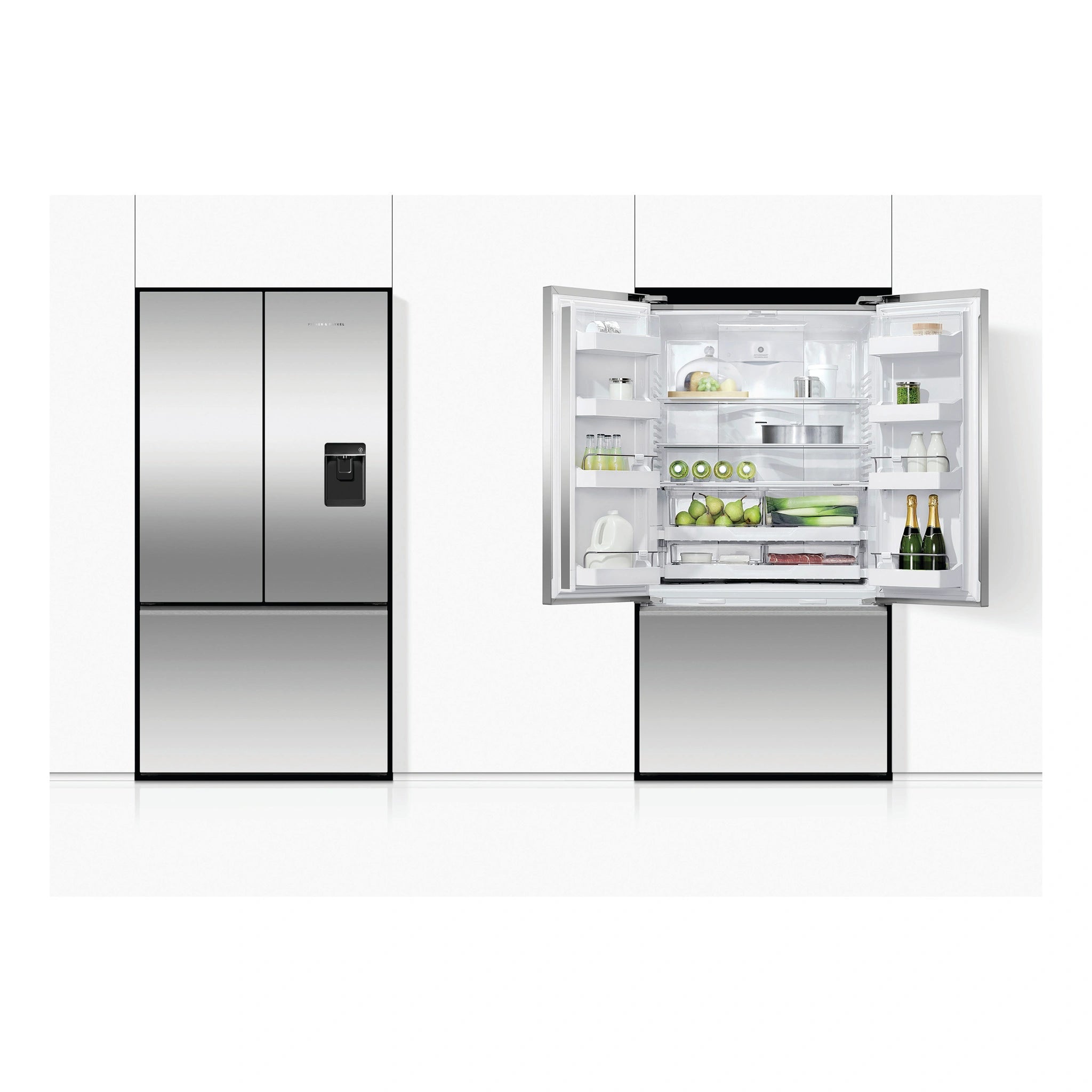 Fisher & Paykel 569L Stainless Steel Series 7 French Door Fridge RF610ANUX5, Front View with Door Open and Close