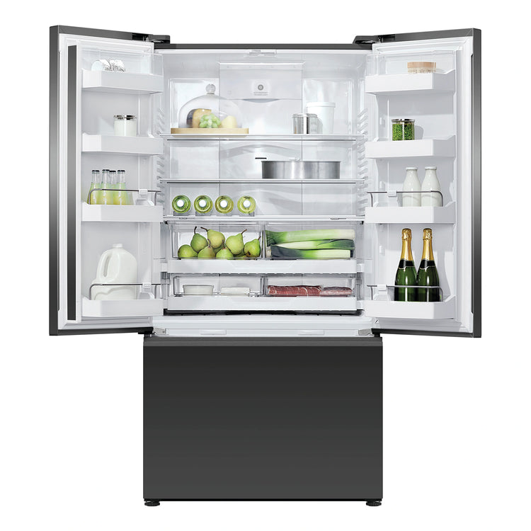 Fisher & Paykel 569L Black Glass Series 7 French Door Fridge RF610AZUB5, Front View With Door Open