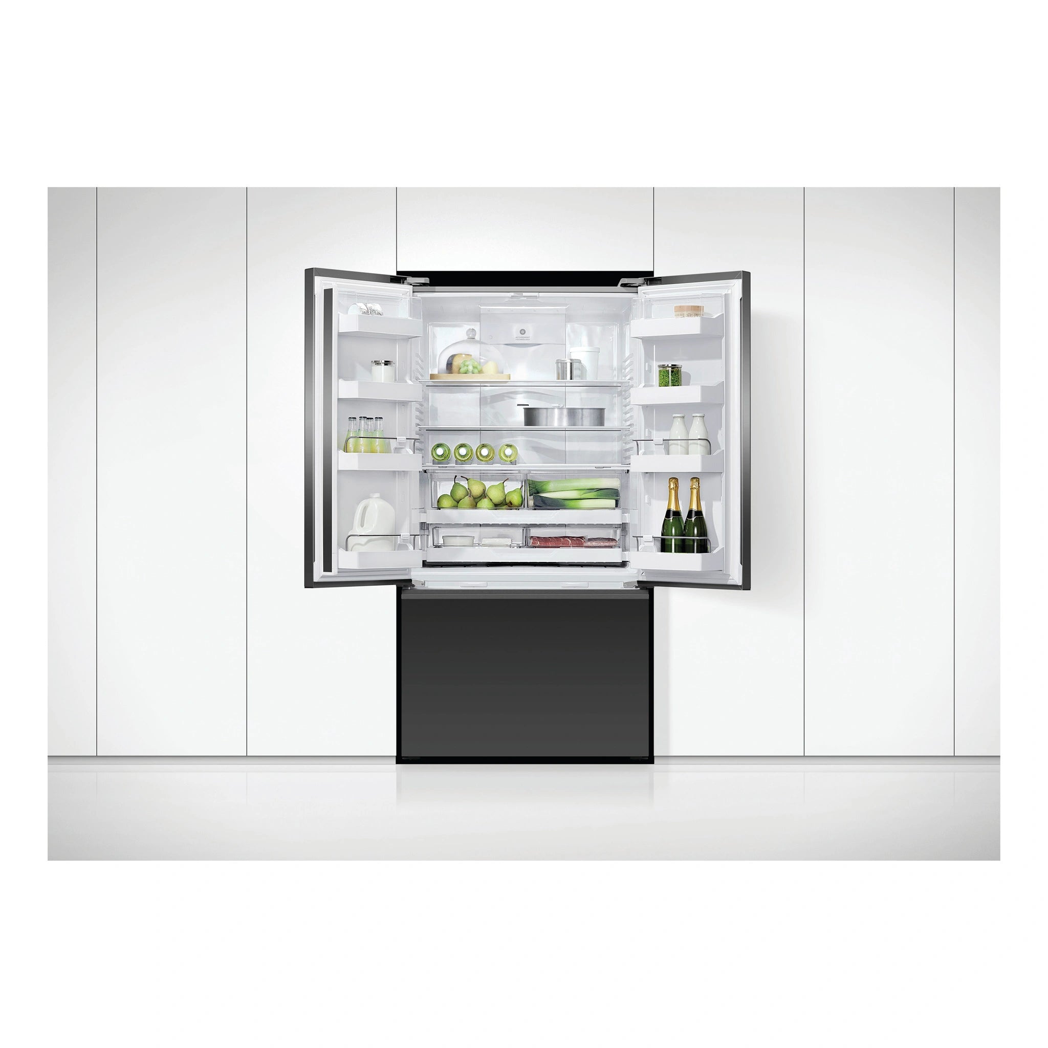 Fisher & Paykel 569L Black Glass Series 7 French Door Fridge RF610AZUB5, Front View With Door Open