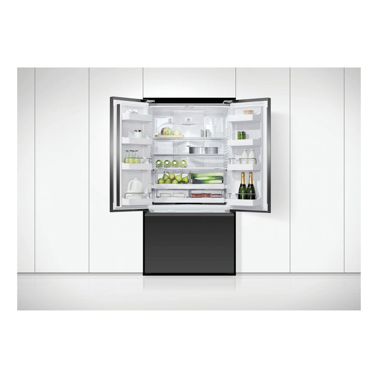 Fisher & Paykel 569L Black Glass Series 7 French Door Fridge RF610AZUB5, Front View With Door Open