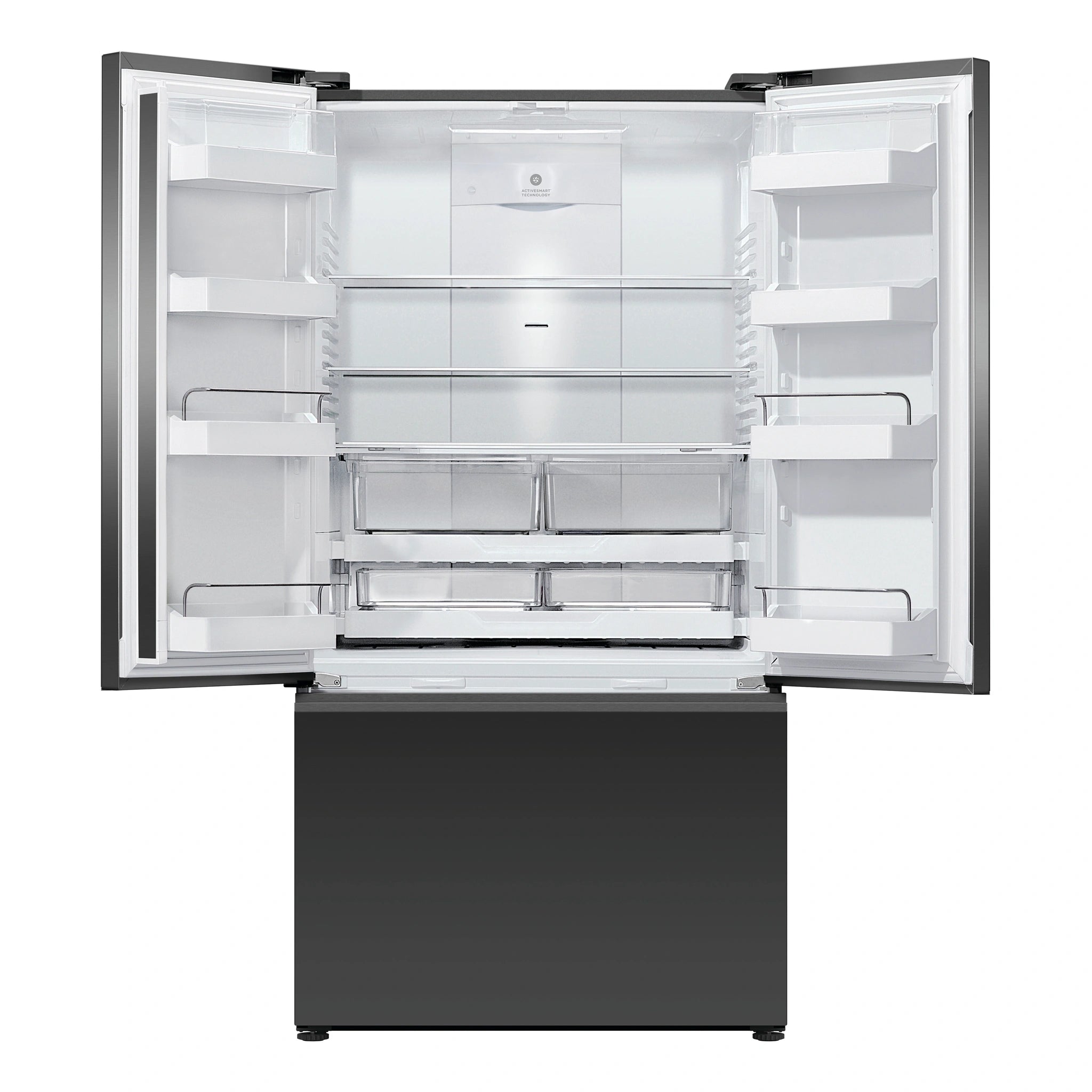 Fisher & Paykel 569L Black Glass Series 7 French Door Fridge RF610AZUB5, Front View With Door Open