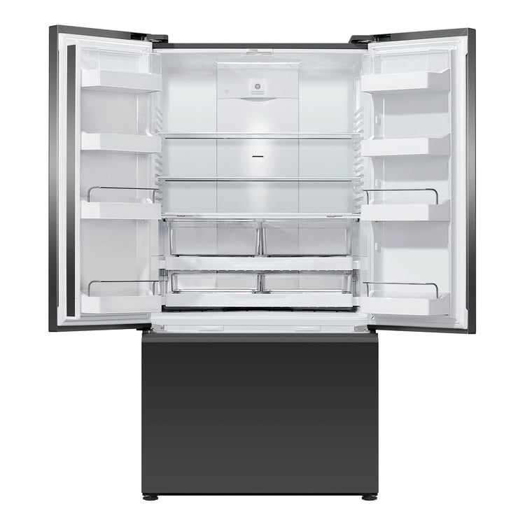 Fisher & Paykel 569L Black Glass Series 7 French Door Fridge RF610AZUB5, Front View With Door Open