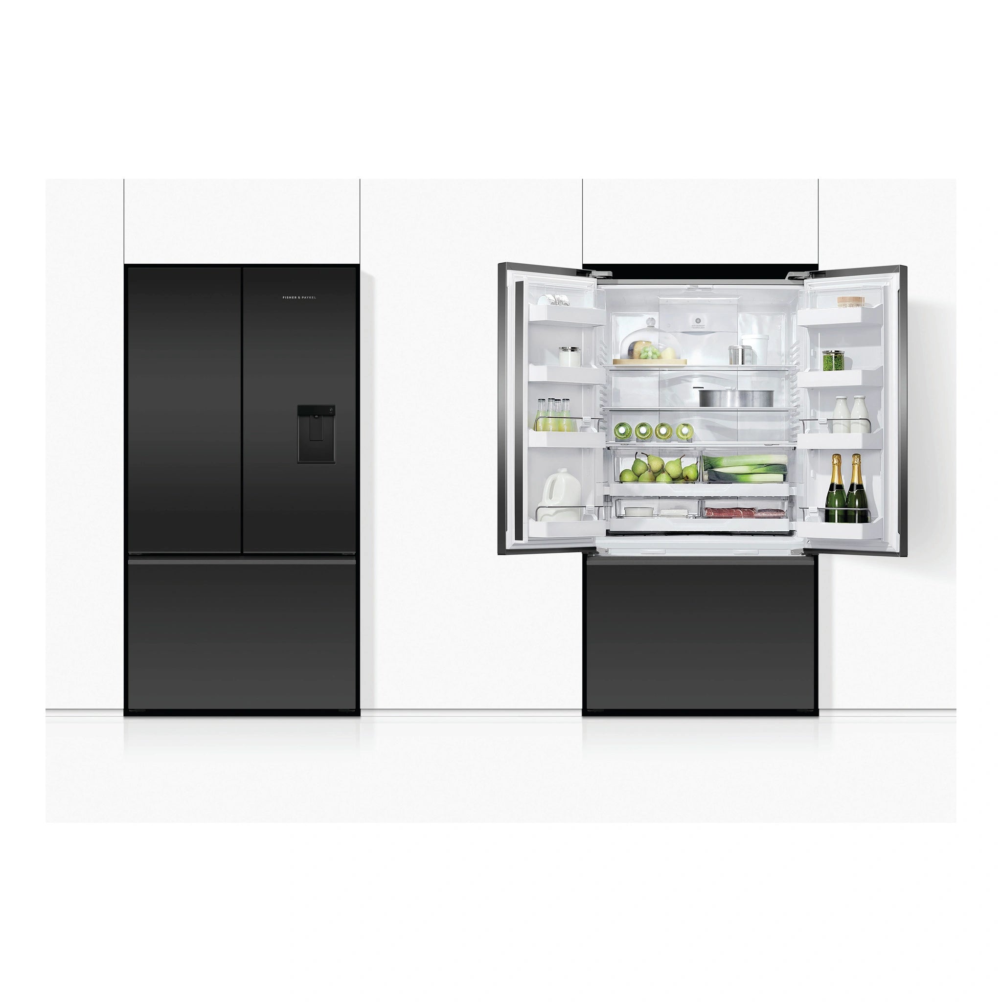 Fisher & Paykel 569L Black Glass Series 7 French Door Fridge RF610AZUB5, Front View With Door Open and Close