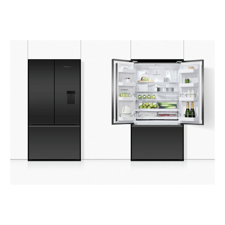 Fisher & Paykel 569L Black Glass Series 7 French Door Fridge RF610AZUB5, Front View With Door Open and Close