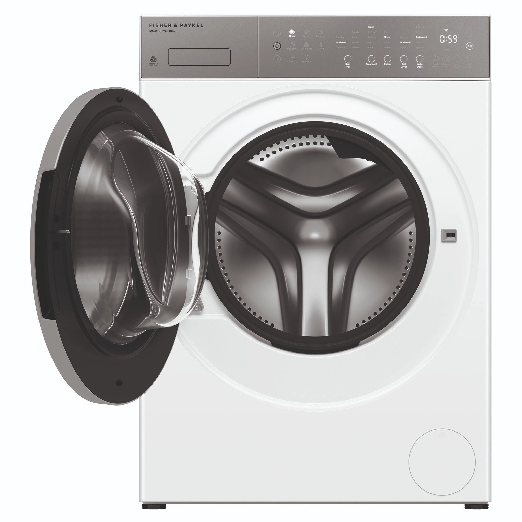 Fisher & Paykel 10kg Series 5 White Front Loader Washer WH1060P5, Front View with Door Open