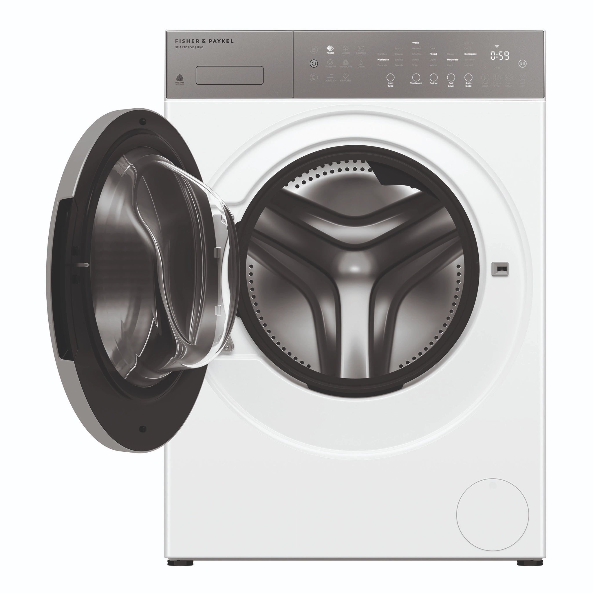 Fisher & Paykel 12kg Series 5 White Front Loader Washer WH1260P5, Front View with Door Open