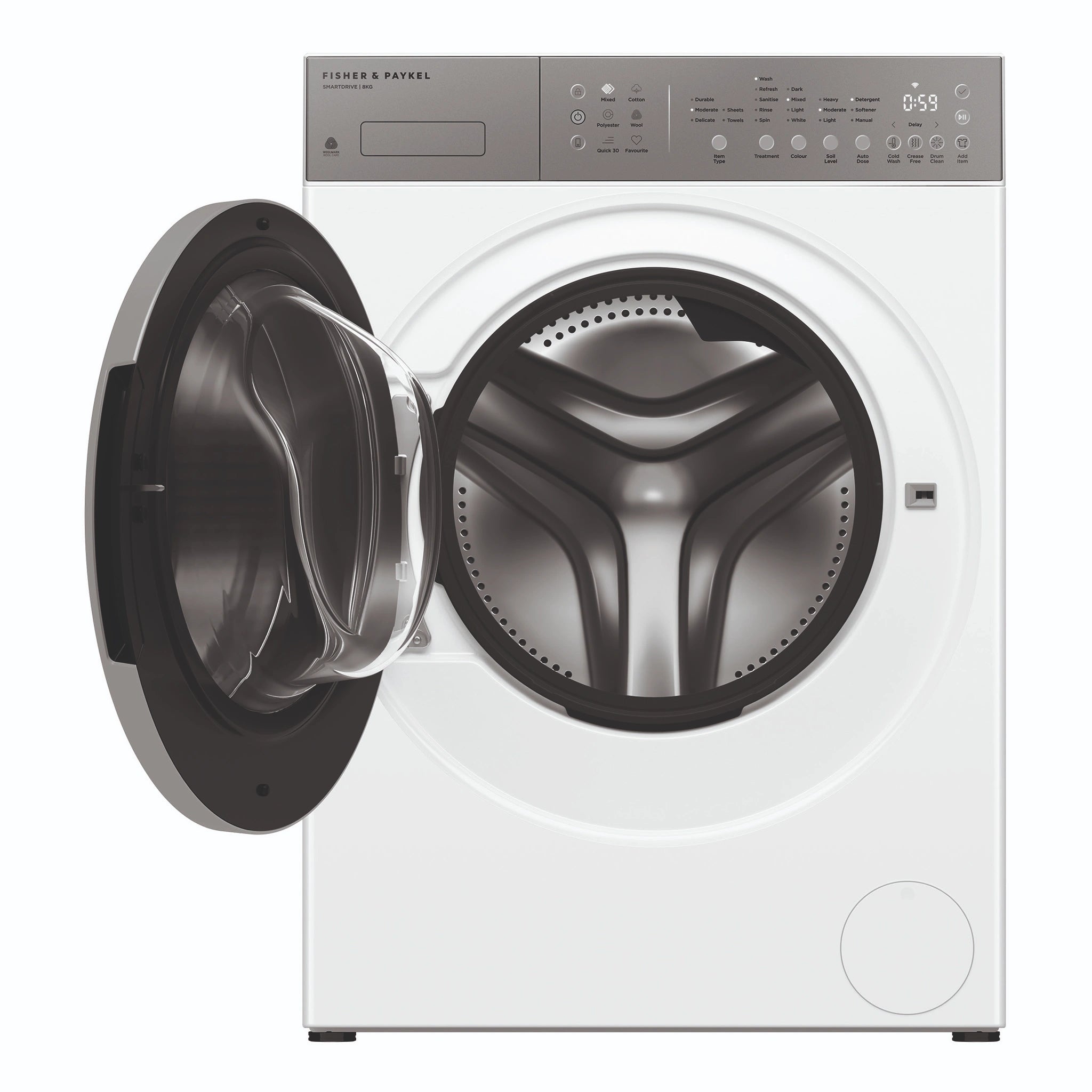 Fisher & Paykel 8kg Series 5 White Front Load Washer WH8060J5, Front View with Door Open