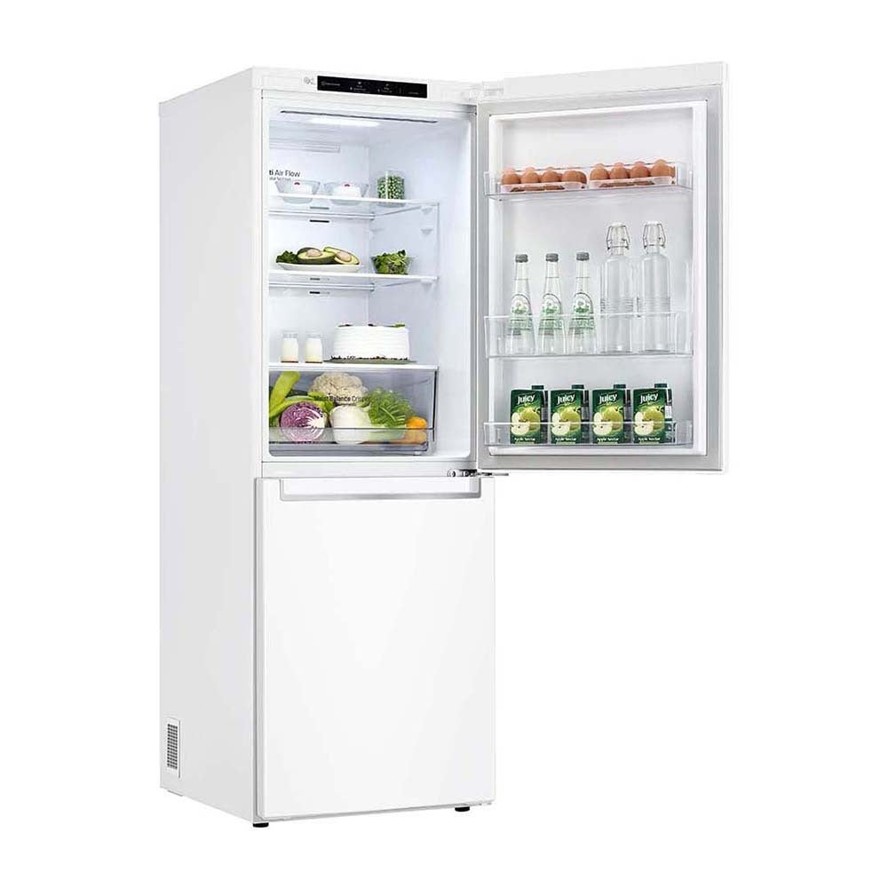 Front right view with single door open, filled with groceries, food and bottles