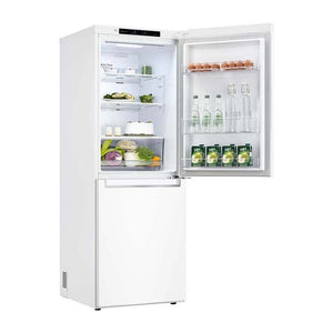 Front right view with single door open, filled with groceries, food and bottles
