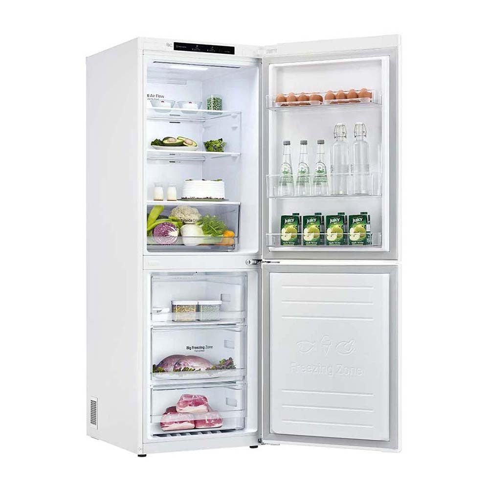 LG 306L Bottom Mount Fridge White GB-335WL, Front right view with open door, filled with groceries and bottles
