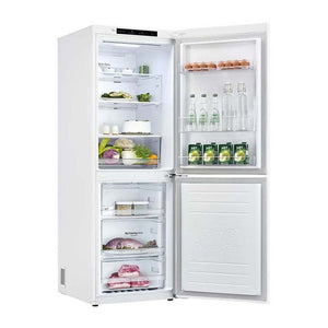 LG 306L Bottom Mount Fridge White GB-335WL, Front right view with open door, filled with groceries and bottles