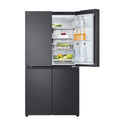LG 665L French Door Fridge Matte Black GF-B700MBL, Front view with top single door open, full of food items and bottles