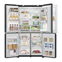 LG 708L French Door Fridge Matte Black GF-D708MBSL, Front view with all doors open, a view full of food items, and bottles