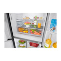 LG 506L French Door Fridge Matte Black Steel GF-L570MBNL, Glass shelf and vegetable crisper drawer view full of groceries, food and bottles
