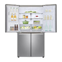 LG 706L French Door Fridge Stainless Steel GF-L706PL, Front view with top single door open, a view full of food items, and bottles