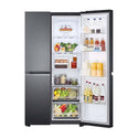 LG 655L Side By Side Fridge Matte Black GS-B655MBL, Front view with single door open, a view full of food items and bottles