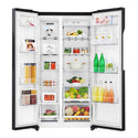 LG 626L Side By Side Fridge Matte Black GS-B680MBL, Front view with open doors, a view full of food items, and bottles 