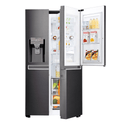LG 665L Side By Side Fridge Black Stainless Steel GS-D665BSL, Front view with one side door open, full of food items and bottles
