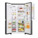 LG 665L Side By Side Fridge Black Stainless Steel GS-D665BSL, Front view with open doors, full of food items, and bottles