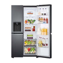 LG 635L Side By Side Fridge GS-L635MBL, Front view with one side door open, full of food items and bottles