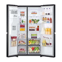 LG 635L Side By Side Fridge GS-L635MBL, Front view with doors open, full of food items and bottles