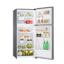 LG 393L Top Mount Fridge Dark Graphite GT-427HPLE, Front right view with doors open, full of food items and bottles