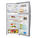 LG 410L Top Mount Fridge Stainless Steel GT-442SDC,Front view with open doors, full of food items, and bottles
