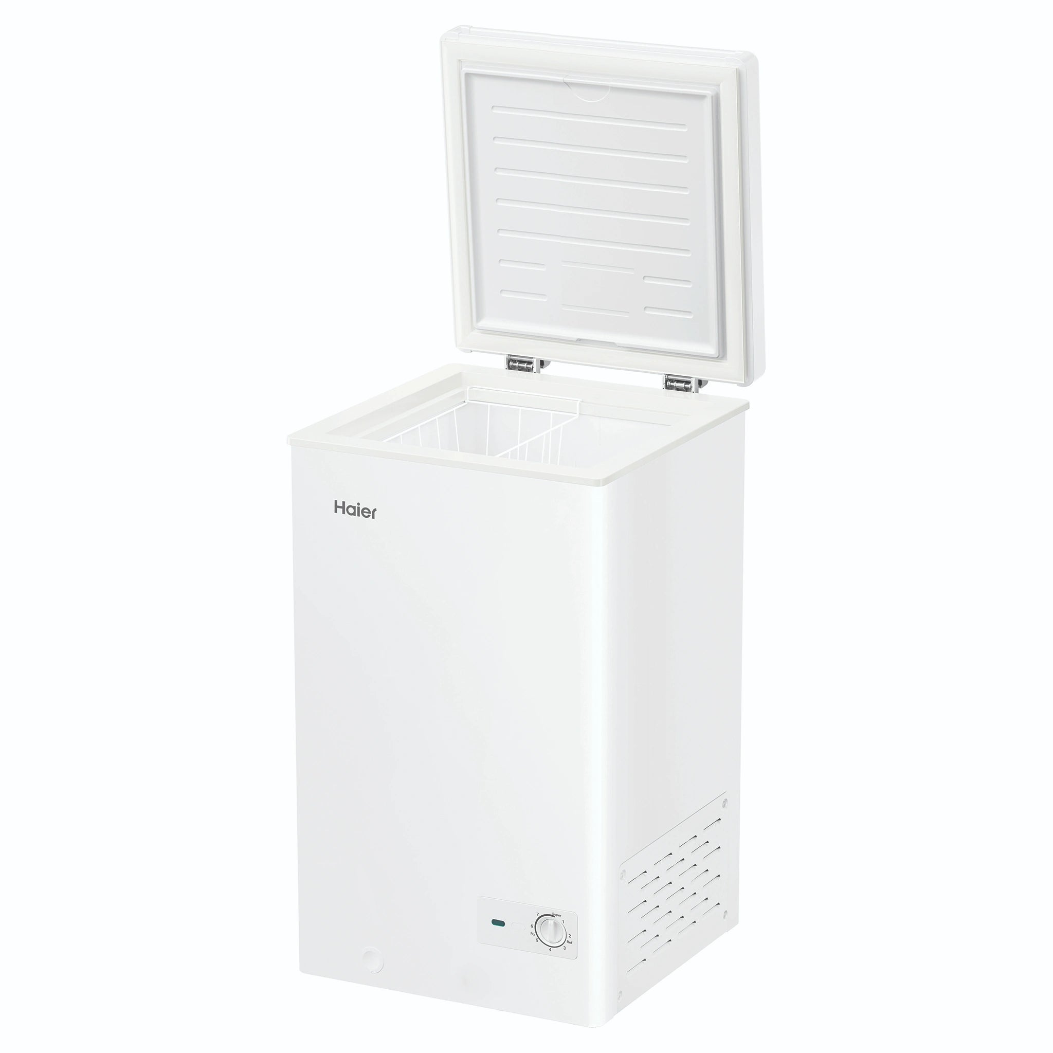 Haier 97L 300 Series White Hybrid Chest Freezer HCF97W, Open Door Left Angle View