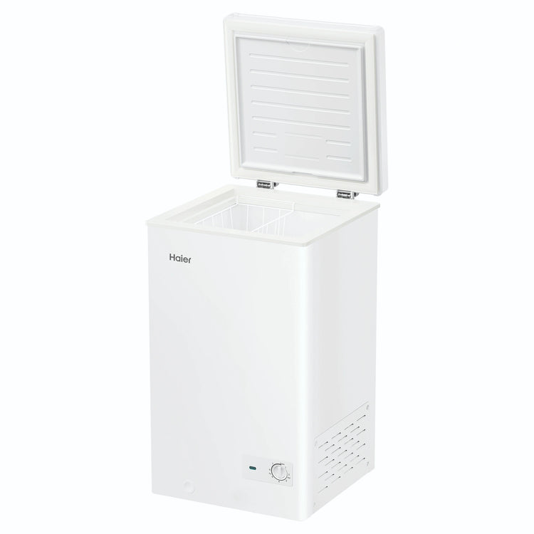 Haier 97L 300 Series White Hybrid Chest Freezer HCF97W, Open Door Left Angle View
