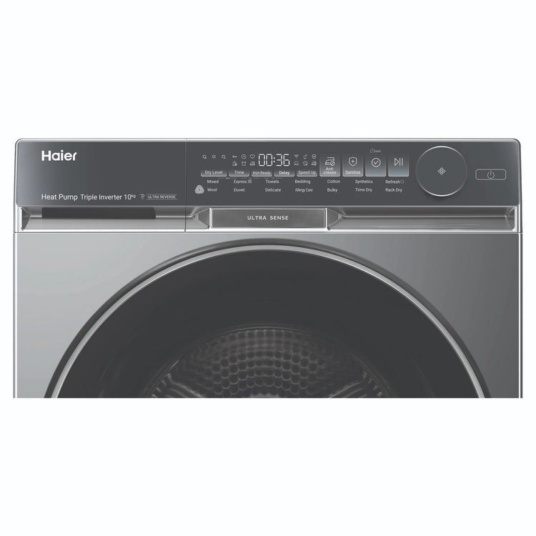 Haier 10kg 500 Series Dark Stainless Heat Pump Dryer Ultra Sense HDHP10DB1, Control Panel View