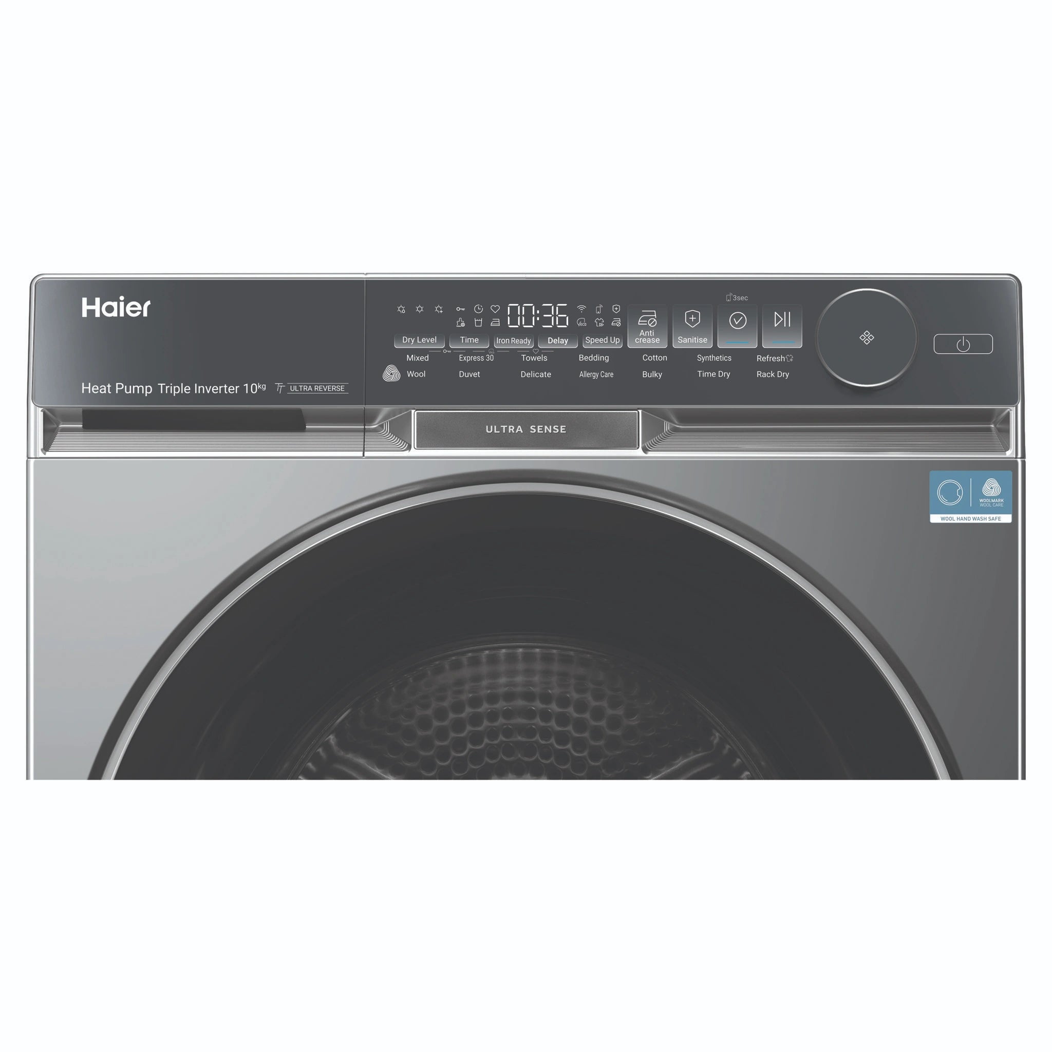 Haier 10kg 500 Series Dark Stainless Heat Pump Dryer Ultra Sense HDHP10DB1, Control Panel View
