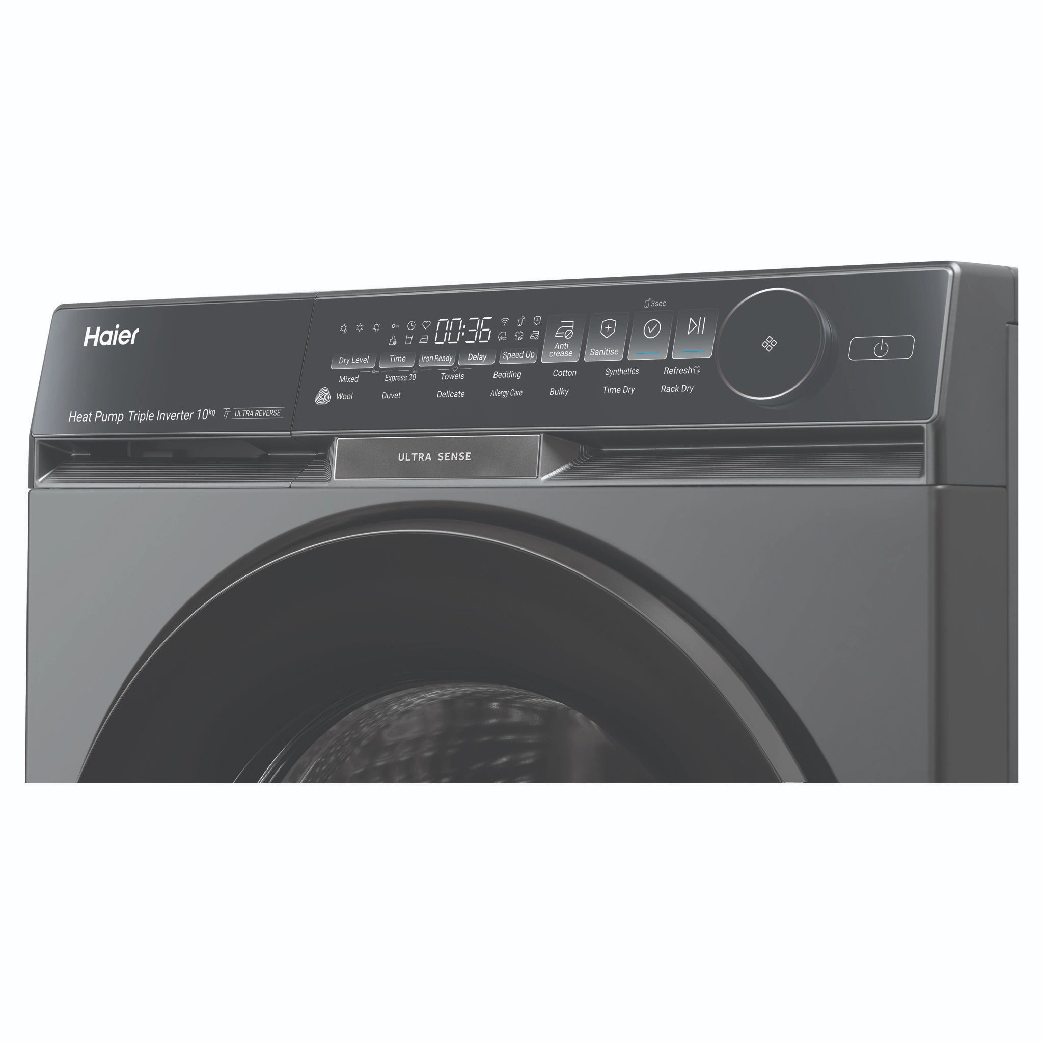 Haier 10kg 500 Series Dark Stainless Heat Pump Dryer Ultra Sense HDHP10DB1, Control Panel View