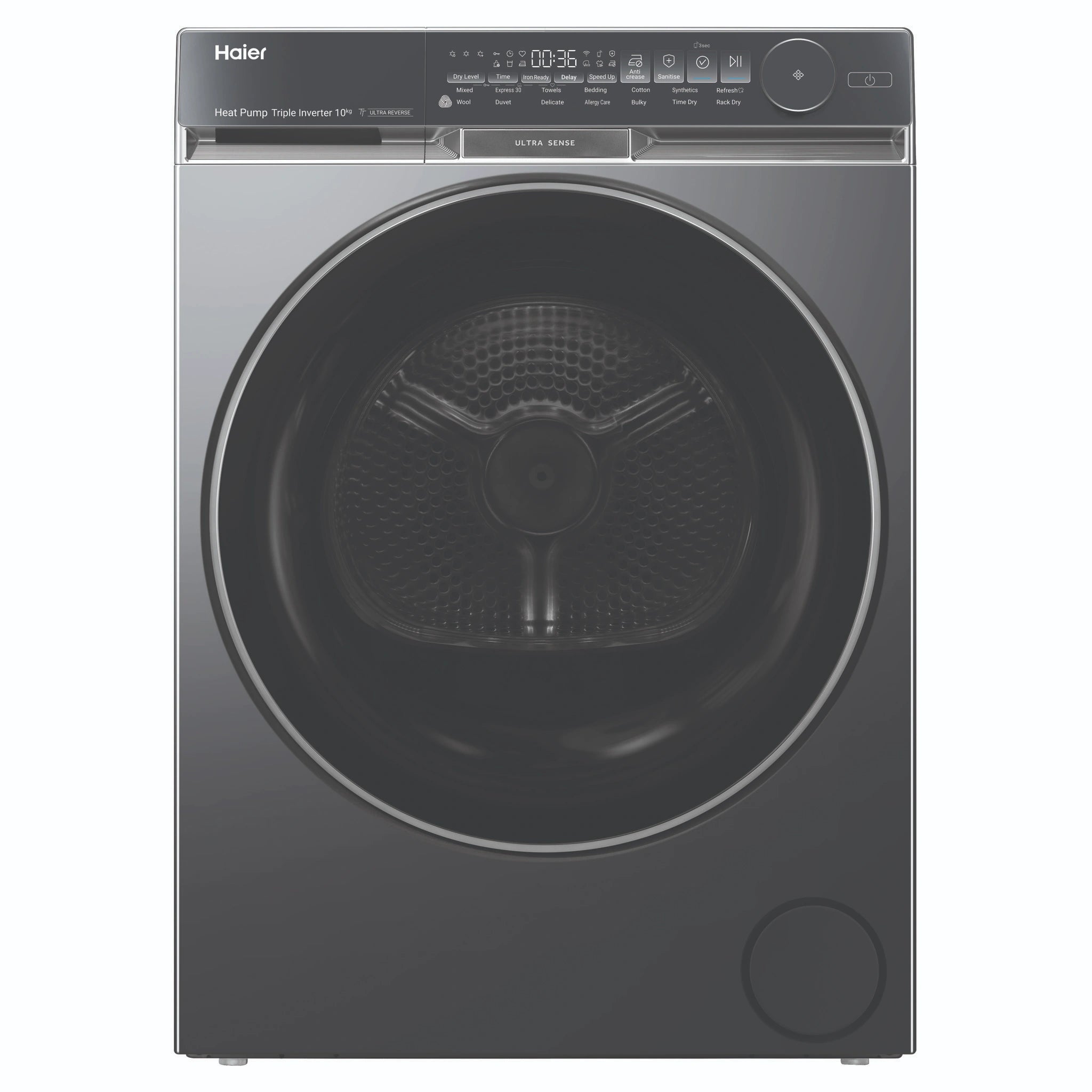 Haier 10kg 500 Series Dark Stainless Heat Pump Dryer Ultra Sense HDHP10DB1, Front View