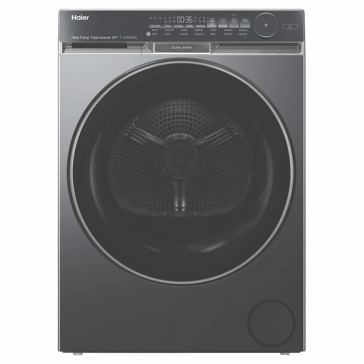 Haier 10kg 500 Series Dark Stainless Heat Pump Dryer Ultra Sense HDHP10DB1, Front View
