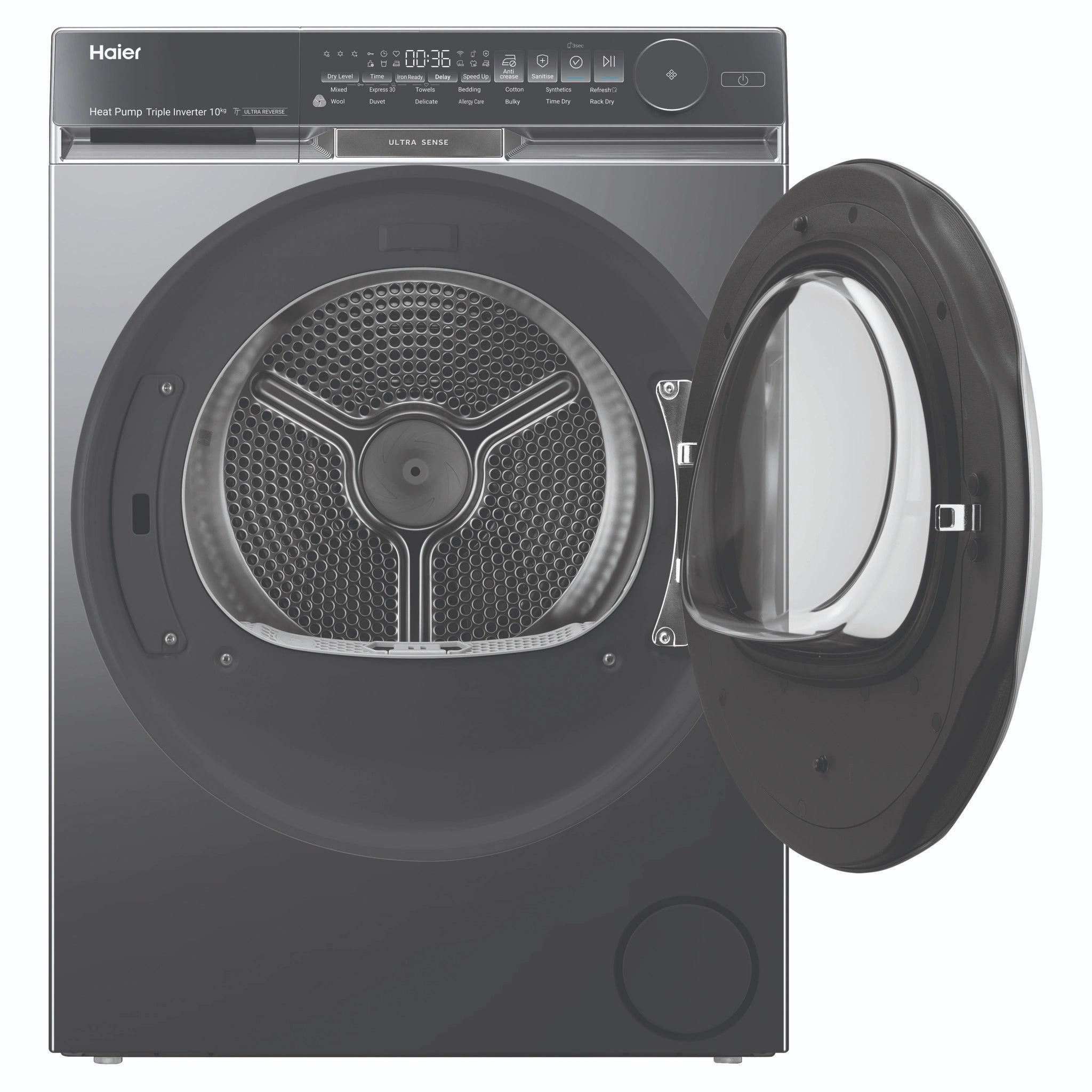 Haier 10kg 500 Series Dark Stainless Heat Pump Dryer Ultra Sense HDHP10DB1, Front View with Door Open