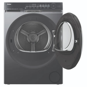 Haier 10kg 500 Series Dark Stainless Heat Pump Dryer Ultra Sense HDHP10DB1, Front View with Door Open