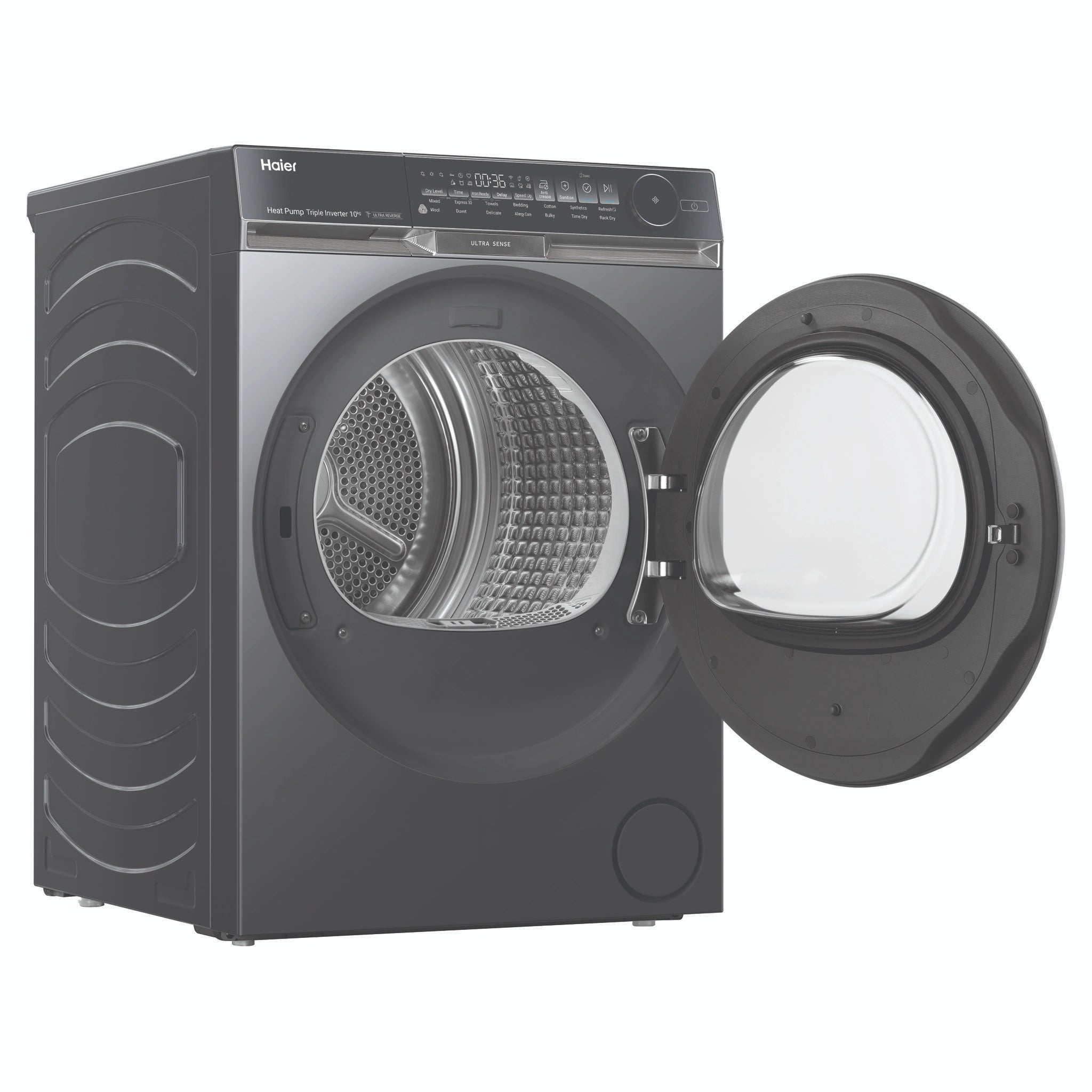 Haier 10kg 500 Series Dark Stainless Heat Pump Dryer Ultra Sense HDHP10DB1, Front View with Door Open