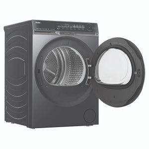 Haier 10kg 500 Series Dark Stainless Heat Pump Dryer Ultra Sense HDHP10DB1, Front View with Door Open