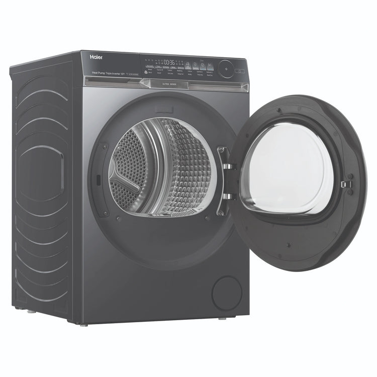 Haier 10kg 500 Series Dark Stainless Heat Pump Dryer Ultra Sense HDHP10DB1, Front View with Door Open