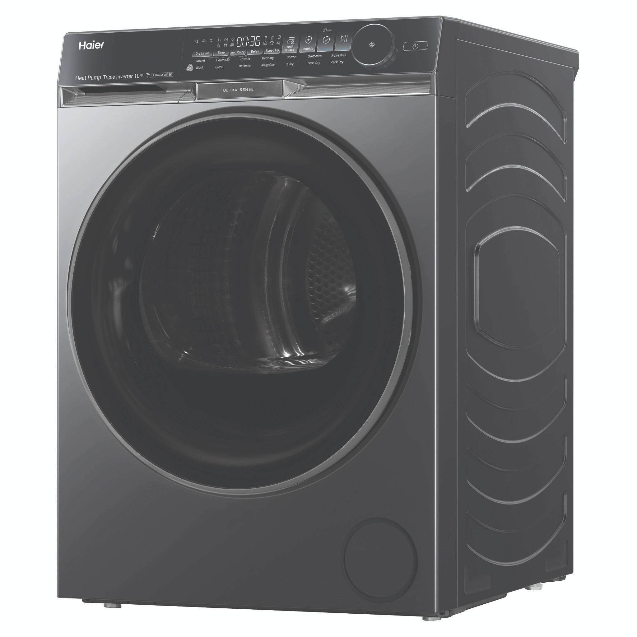 Haier 10kg 500 Series Dark Stainless Heat Pump Dryer Ultra Sense HDHP10DB1, Left Side View