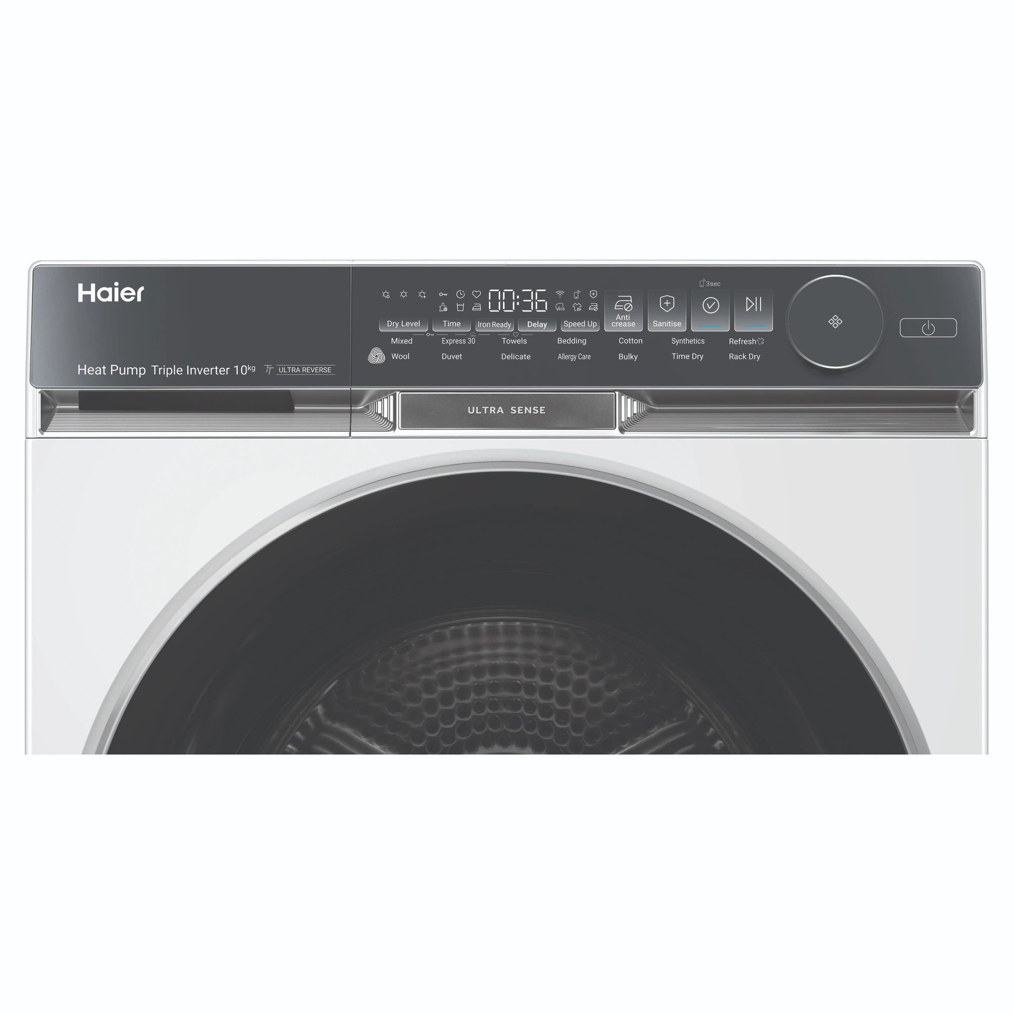 Haier 10kg 500 Series White Heat Pump Dryer Ultra Sense HDHP10DW1, Control Panel View