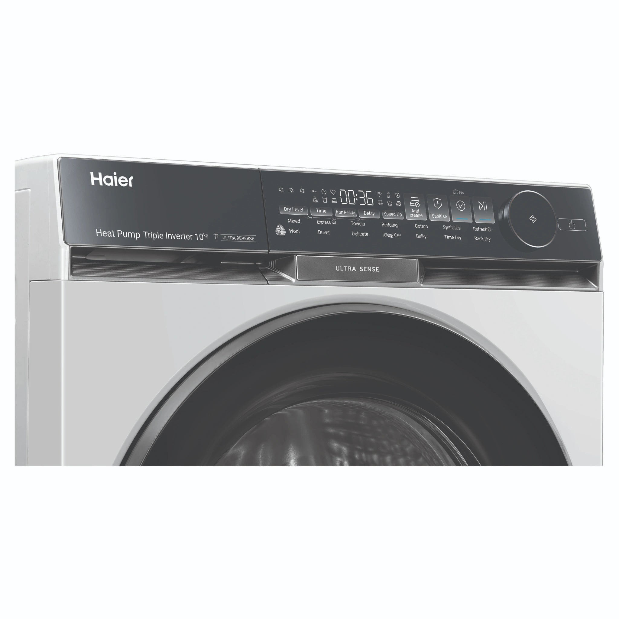 Haier 10kg 500 Series White Heat Pump Dryer Ultra Sense HDHP10DW1, Control Panel View